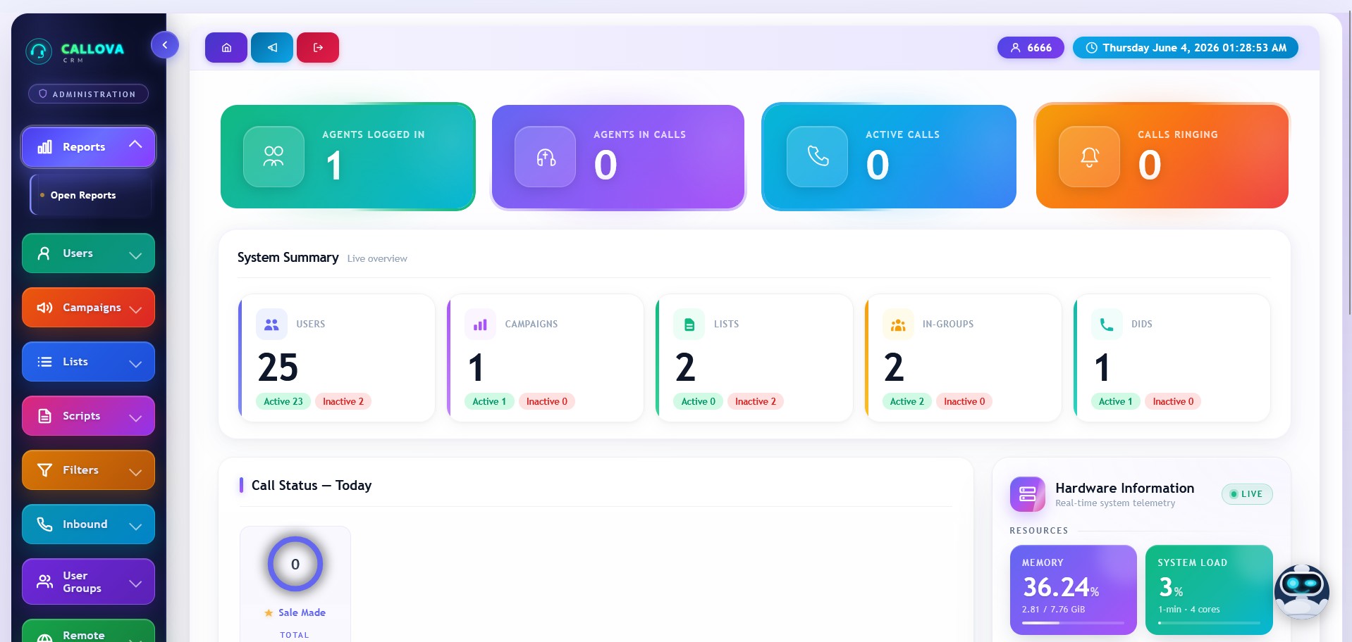 Tableau de bord Callova CRM